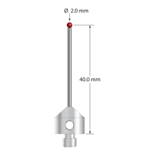 M5 stylus with 2.0 mm diameter ruby ball, 1.5 mm diameter carbide stem, and 11.0 mm diameter x 10.0 mm long stainless steel base. Stylus length to ball center is 40.0 mm. Stylus weight is 6.34 grams. Compare to Zeiss 626105-0254-041.