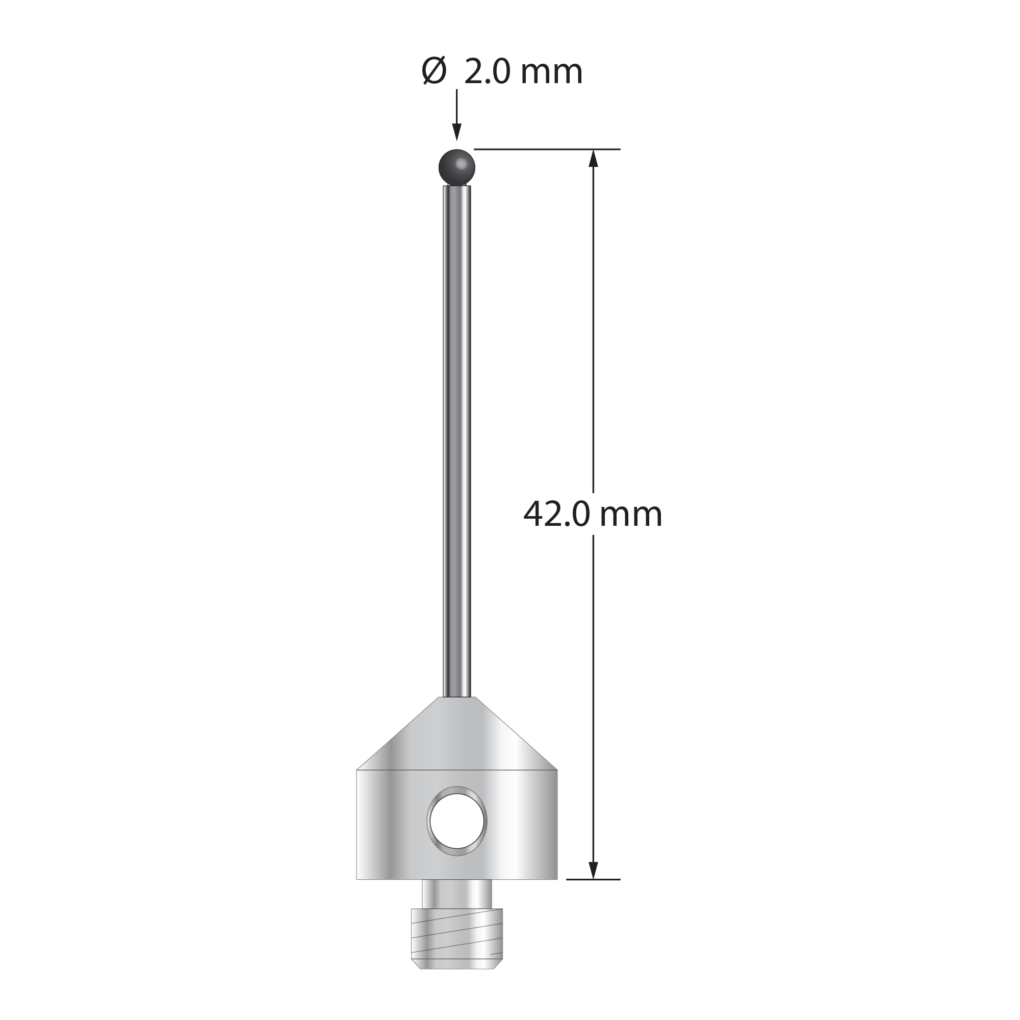 M5 stylus with 2.0 mm diameter silicon nitride ball, 1.5 mm diameter carbide stem, and 11.0 mm diameter x 10.0 mm long stainless steel base. Overall stylus length is 42.0 mm. Stylus weight is 6.71 grams. Compare to Zeiss 626105-0255-042.