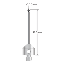 M5 stylus with 2.0 mm diameter silicon nitride ball, 1.5 mm diameter carbide stem, and 11.0 mm diameter x 10.0 mm long stainless steel base. Overall stylus length is 42.0 mm. Stylus weight is 6.71 grams. Compare to Zeiss 626105-0255-042.