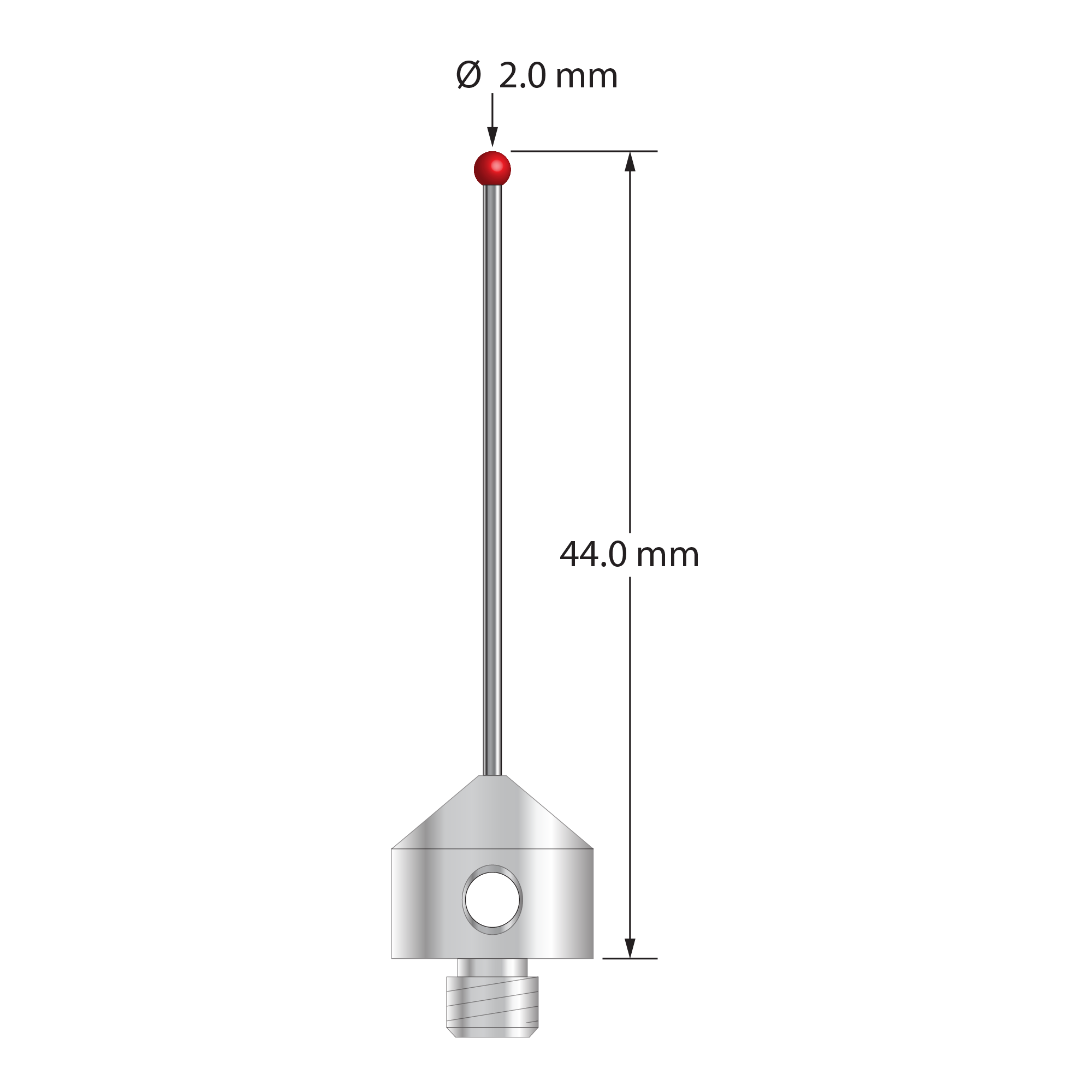 M5 stylus with 2.0 mm diameter ruby ball, 1.0 mm diameter carbide stem, and 11.0 mm diameter x 10.0 mm long stainless steel base. Overall stylus length is 44.0 mm. Stylus weight is 5.83 grams.