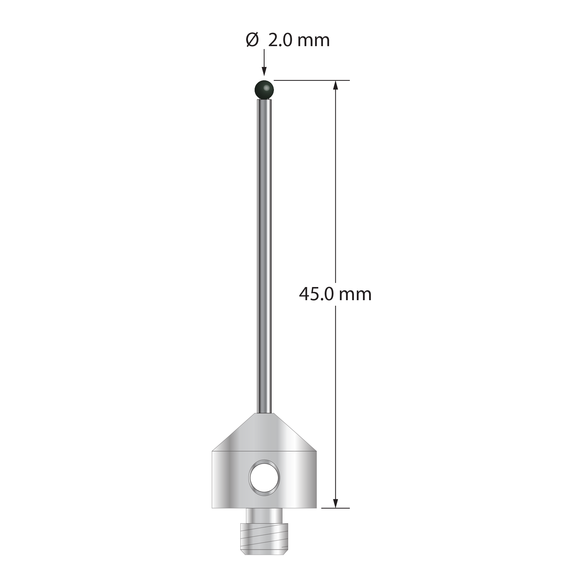 M5 stylus with 2.0 mm diameter silicon nitride ball, 1.5 mm diameter carbide stem, and 11.0 mm diameter x 10.0 mm long stainless steel base. Overall stylus length is 45.0 mm. Stylus weight is 6.45 grams.