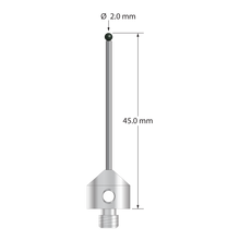 M5 stylus with 2.0 mm diameter silicon nitride ball, 1.5 mm diameter carbide stem, and 11.0 mm diameter x 10.0 mm long stainless steel base. Overall stylus length is 45.0 mm. Stylus weight is 6.45 grams.