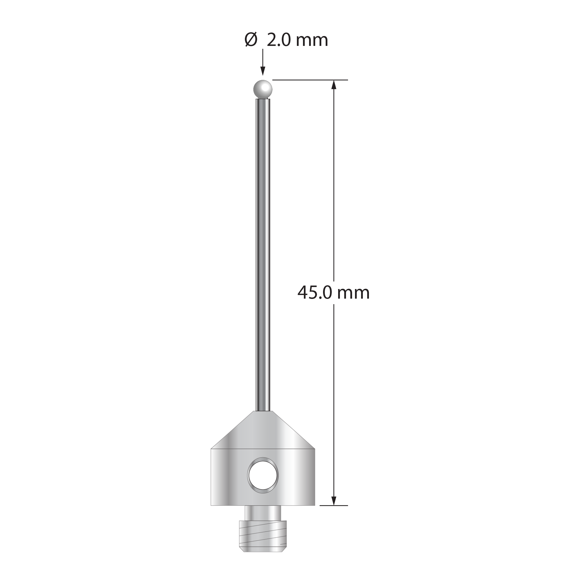 M5 stylus with 2.0 mm diameter zirconia ball, 1.5 mm diameter carbide stem, and 11.0 mm diameter x 10.0 mm long stainless steel base. Overall stylus length is 45.0 mm. Stylus weight is 6.45 grams.
