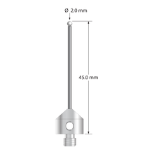 M5 stylus with 2.0 mm diameter zirconia ball, 1.5 mm diameter carbide stem, and 11.0 mm diameter x 10.0 mm long stainless steel base. Overall stylus length is 45.0 mm. Stylus weight is 6.45 grams.