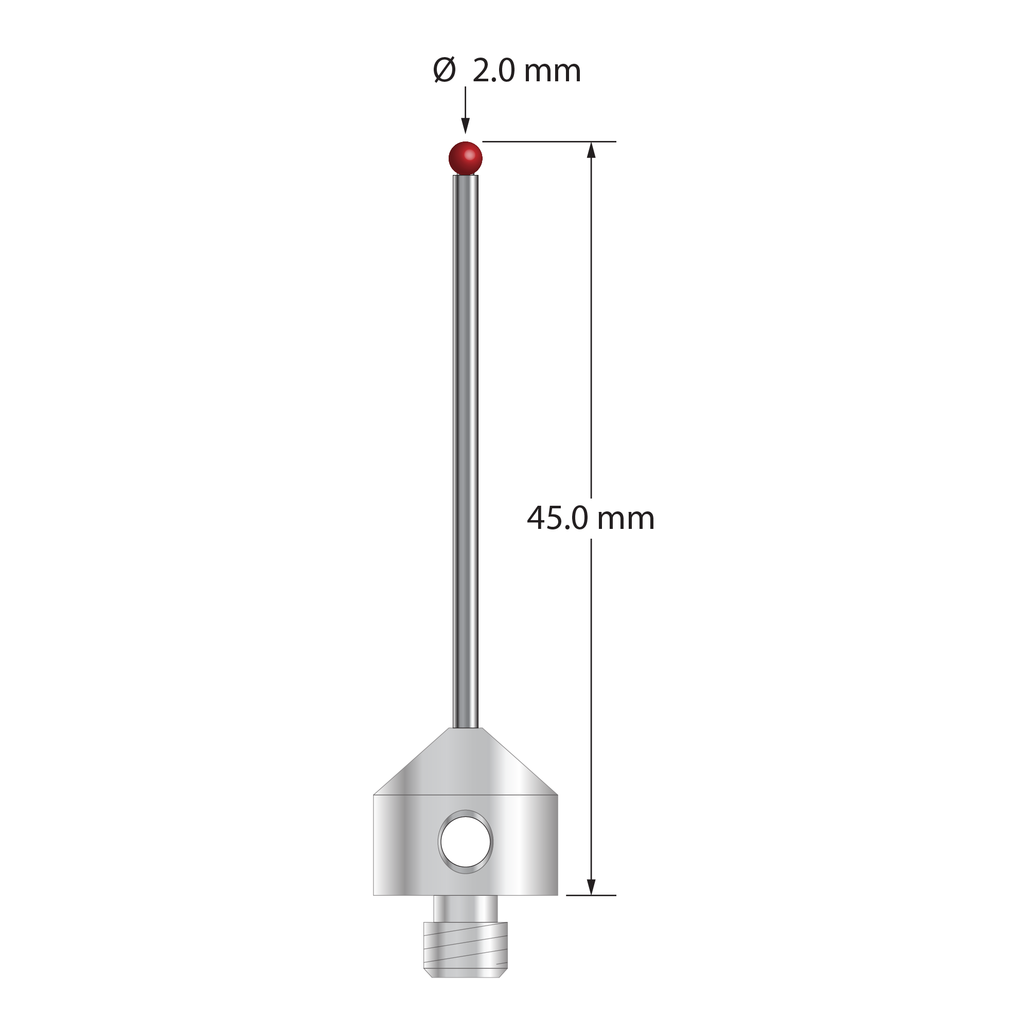 M5 stylus with 2.0 mm diameter ruby ball, 1.5 mm diameter carbide stem, and 11.0 mm diameter x 10.0 mm long stainless steel base. Overall stylus length is 45.0 mm. Stylus weight is 6.45 grams. Compare to Zeiss 626115-0202-045.