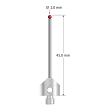 M5 stylus with 2.0 mm diameter ruby ball, 1.5 mm diameter carbide stem, and 11.0 mm diameter x 10.0 mm long stainless steel base. Overall stylus length is 45.0 mm. Stylus weight is 6.45 grams. Compare to Zeiss 626115-0202-045.