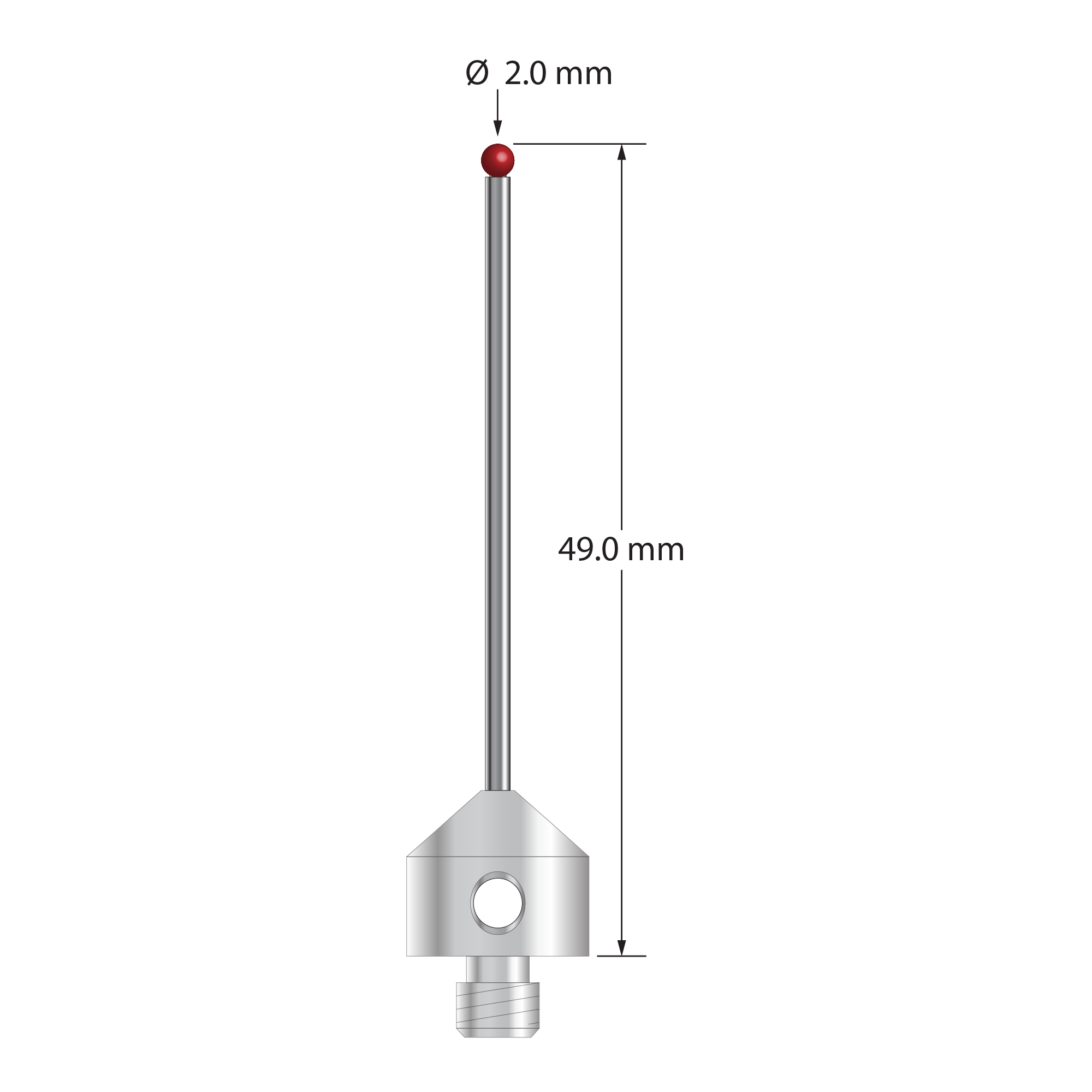 M5 stylus with 2.0 mm diameter ruby ball, 1.5 mm diameter carbide stem, and 11.0 mm diameter x 10.0 mm long stainless steel base. Overall stylus length is 49.0 mm. Stylus weight is 6.55 grams. Compare to Zeiss 626105-0254-049.