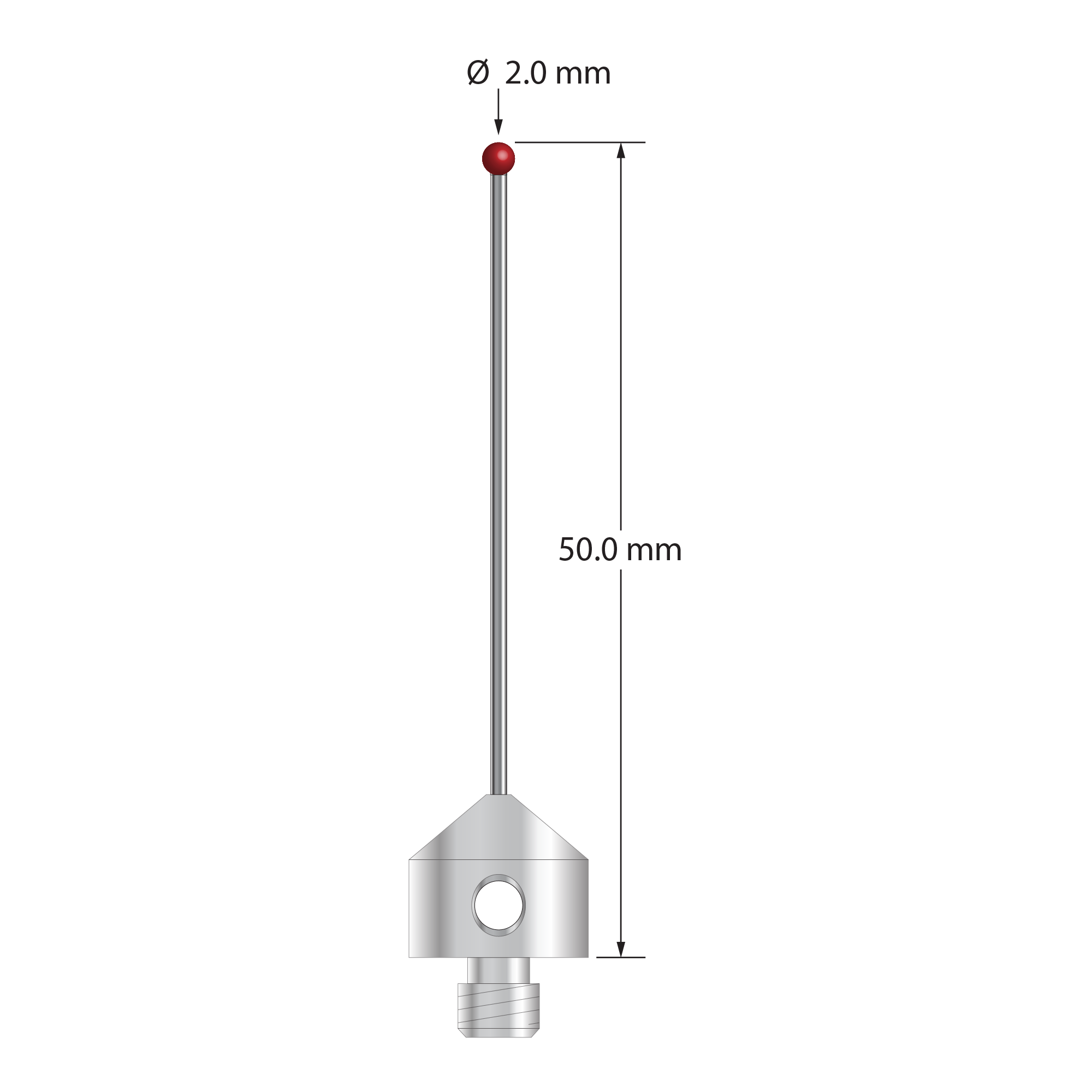 M5 stylus with 2.0 mm diameter ruby ball, 1.0 mm diameter carbide stem, and 11.0 mm diameter x 10.0 mm long stainless steel base. Overall stylus length is 50.0 mm. Stylus weight is 5.96 grams. Compare to Zeiss 000000-1033-336.