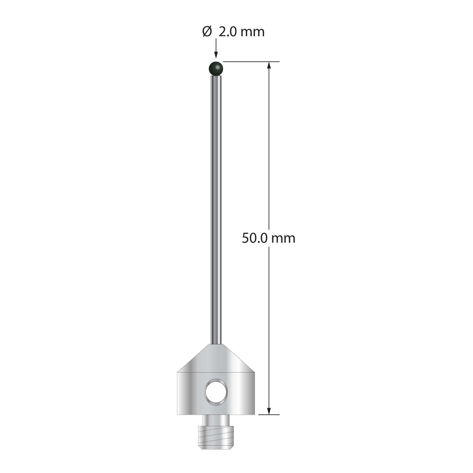 M5 stylus with 2.0 mm diameter silicon nitride ball, 1.5 mm diameter carbide stem, and 11.0 mm diameter x 10.0 mm long stainless steel base. Overall stylus length is 50.0 mm. Stylus weight is 6.57 grams. Compare to Zeiss 626105-0255-050.