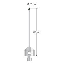 M5 stylus with 2.0 mm diameter silicon nitride ball, 1.5 mm diameter carbide stem, and 11.0 mm diameter x 10.0 mm long stainless steel base. Overall stylus length is 50.0 mm. Stylus weight is 6.57 grams. Compare to Zeiss 626105-0255-050.