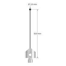 M5 stylus with 2.0 mm diameter silicon nitride ball, 1.0 mm diameter carbide stem, and 11.0 mm diameter x 10.0 mm long stainless steel base. Stylus length to ball center is 50.0 mm. Stylus weight is 5.96 grams.