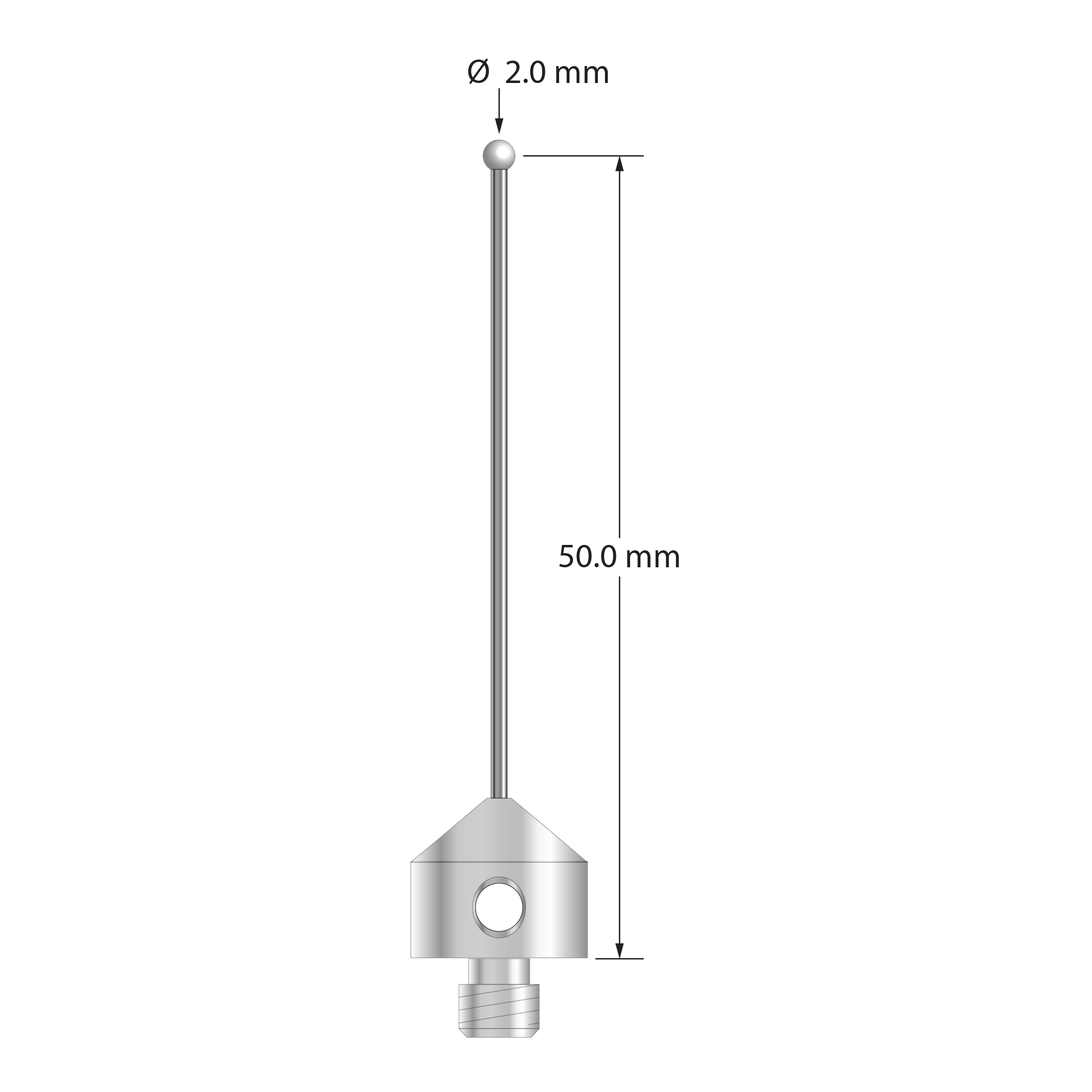 M5 stylus with 2.0 mm diameter zirconia ball, 1.0 mm diameter carbide stem, and 11.0 mm diameter x 10.0 mm long stainless steel base. Stylus length to ball center is 50.0 mm. Stylus weight is 5.96 grams.