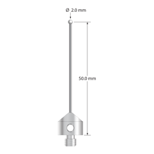 M5 stylus with 2.0 mm diameter zirconia ball, 1.0 mm diameter carbide stem, and 11.0 mm diameter x 10.0 mm long stainless steel base. Stylus length to ball center is 50.0 mm. Stylus weight is 5.96 grams.