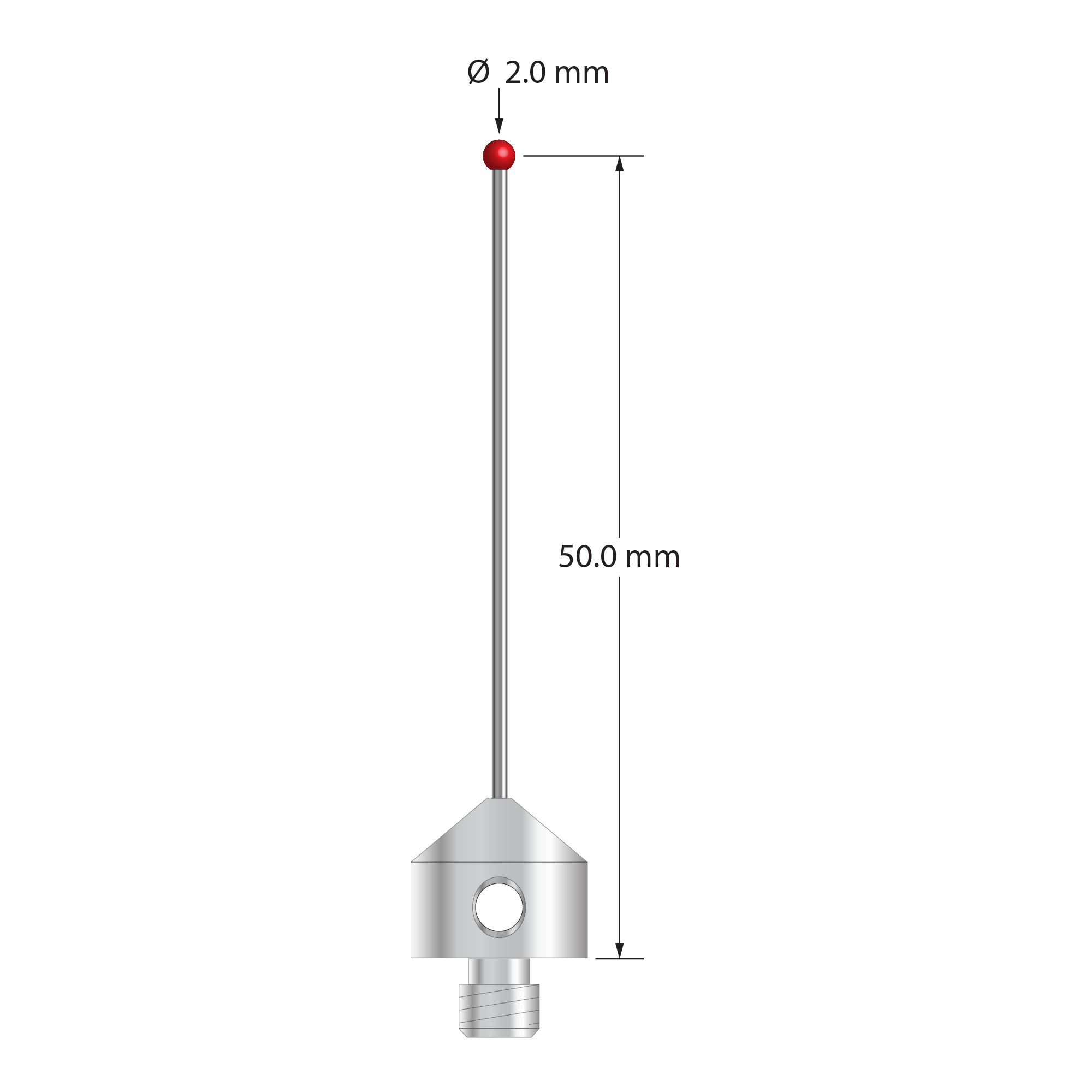 M5 stylus with 2.0 mm diameter ruby ball, 1.0 mm diameter carbide stem, and 11.0 mm diameter x 10.0 mm long stainless steel base. Stylus length to ball center is 50.0 mm. Stylus weight is 5.96 grams.