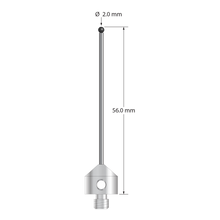 M5 stylus with 2.0 mm diameter ruby ball, 1.5 mm diameter carbide stem, and 11.0 mm diameter x 10.0 mm long stainless steel base. Overall stylus length is 56.0 mm. Stylus weight is 6.80 grams. Compare to Zeiss 626105-0255-056.