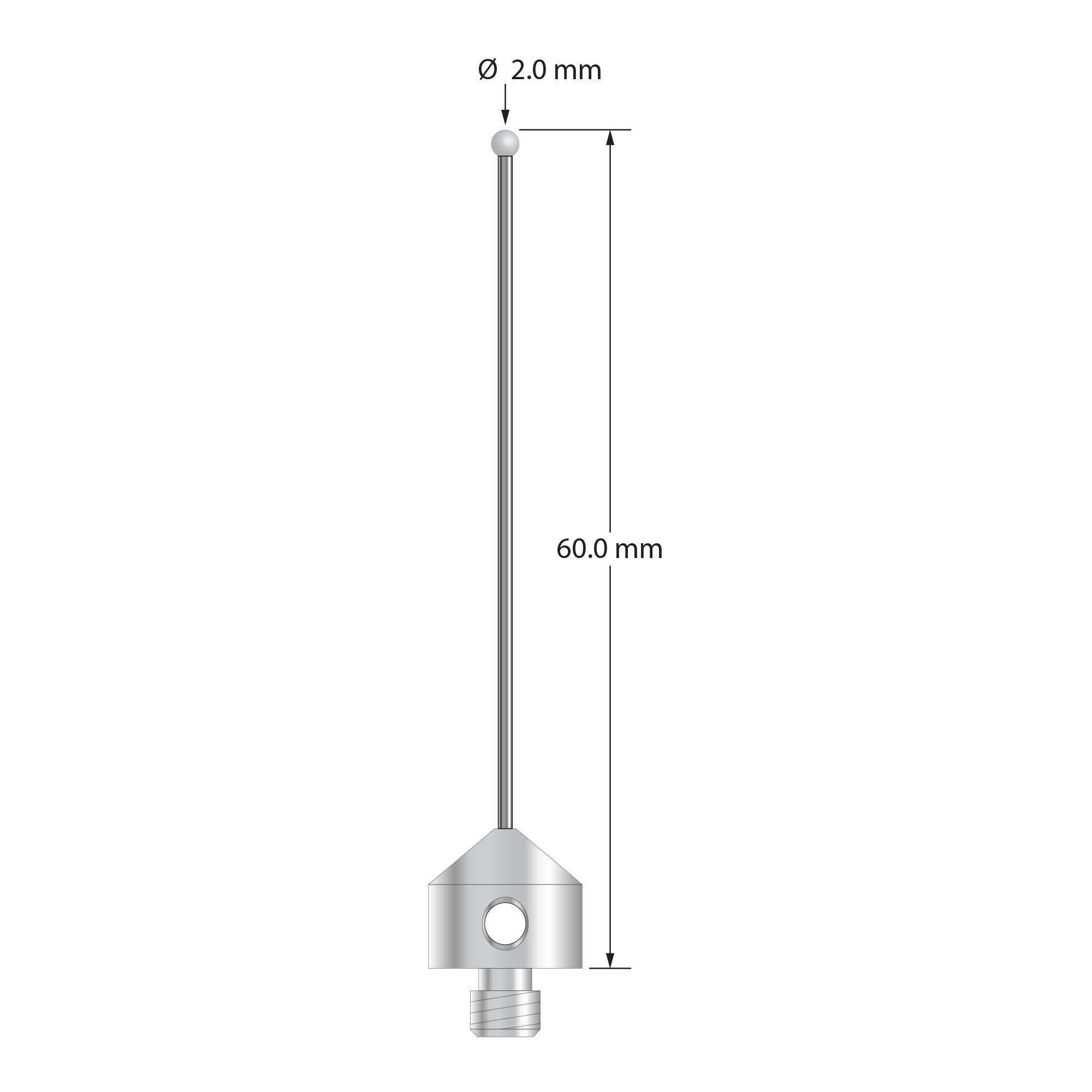 M5 stylus with 2.0 mm diameter solid diamond sphere, 1.5 mm diameter carbide stem, and 11.0 mm diameter x 10.0 mm long stainless steel base. Overall stylus length is 60.0 mm. Stylus weight is 6.82 grams.