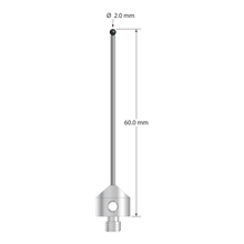 M5 stylus with 2.0 mm diameter silicon nitride ball, 1.5 mm diameter carbide stem, and 11.0 mm diameter x 10.0 mm long stainless steel base. Overall stylus length is 60.0 mm. Stylus weight is 6.82 grams. Compare to Zeiss 626105-0255-060.
