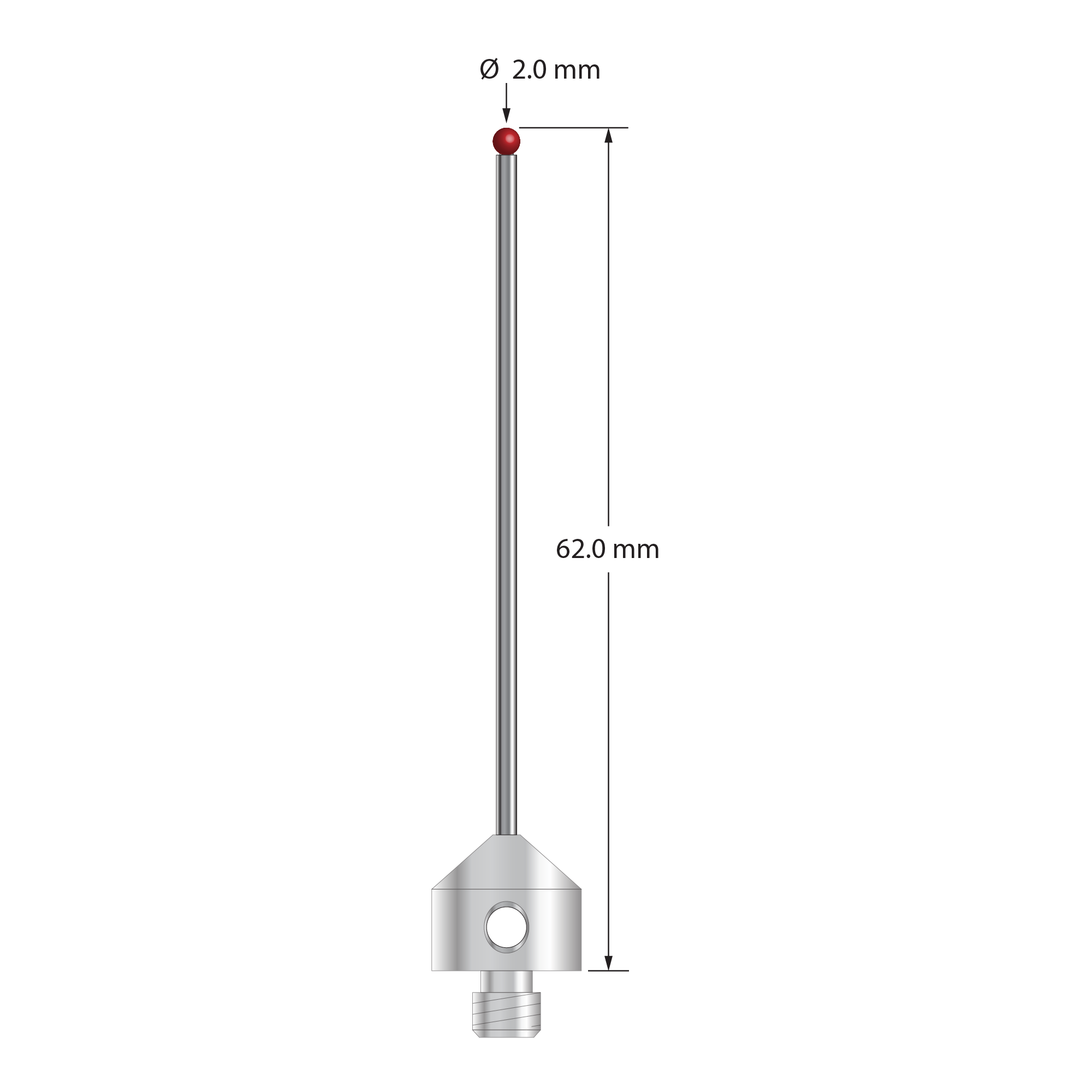 M5 stylus with 2.0 mm diameter ruby ball, 1.5 mm diameter carbide stem, and 11.0 mm diameter x 10.0 mm long stainless steel base. Overall stylus length is 62.0 mm. Stylus weight is 6.87 grams. Compare to Zeiss 626105-0254-062.