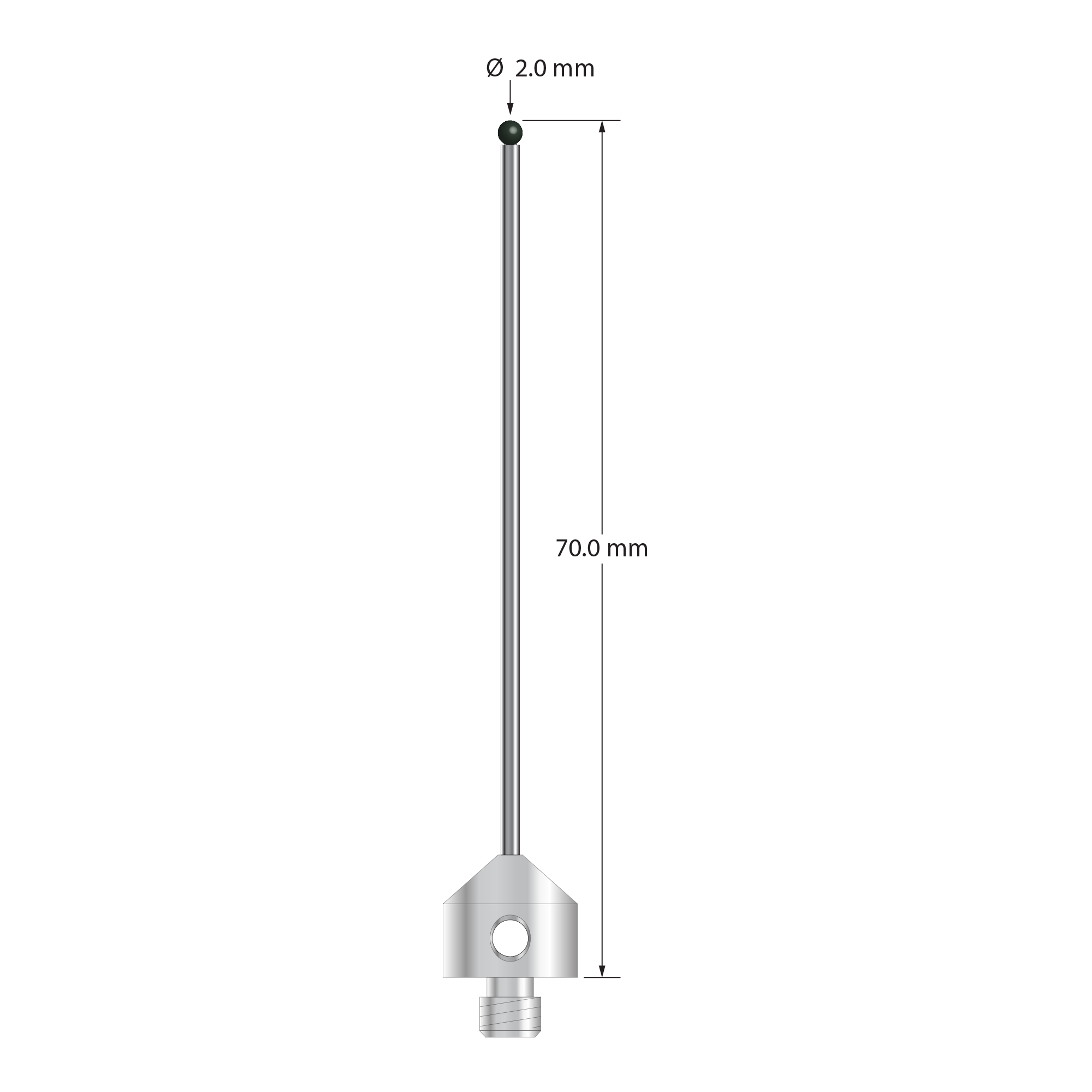 M5 stylus with 2.0 mm diameter silicon nitride ball, 1.5 mm diameter carbide stem, and 11.0 mm diameter x 10.0 mm long stainless steel base. Overall stylus length is 70.0 mm. Stylus weight is 7.06 grams.