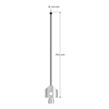 M5 stylus with 2.0 mm diameter silicon nitride ball, 1.5 mm diameter carbide stem, and 11.0 mm diameter x 10.0 mm long stainless steel base. Overall stylus length is 70.0 mm. Stylus weight is 7.06 grams.