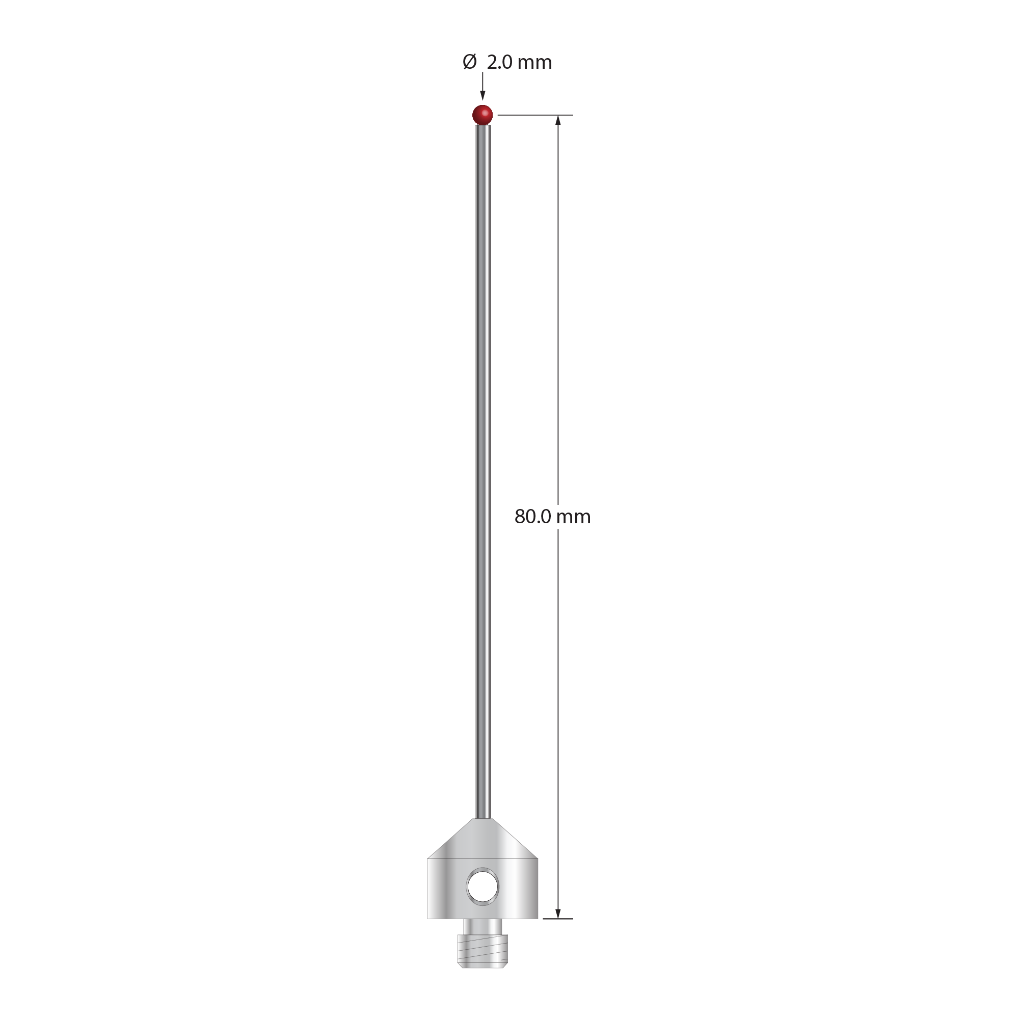 M5 stylus with 2.0 mm diameter ruby ball, 1.5 mm diameter carbide stem, and 11.0 mm diameter x 10.0 mm long stainless steel base. Stylus length to ball center is 80.0 mm. Stylus weight is 7.34 grams.