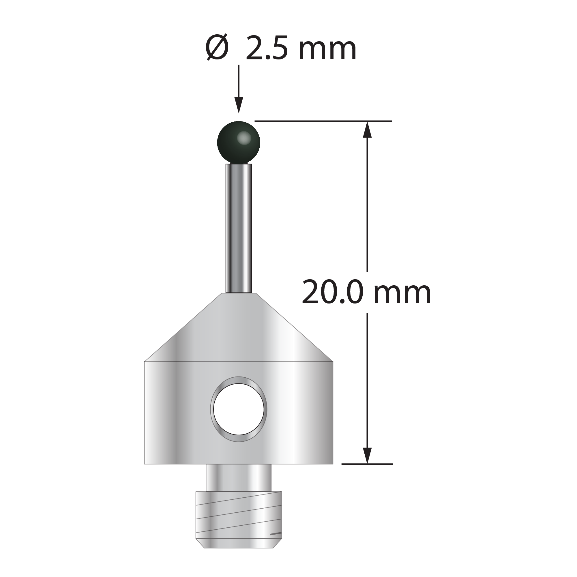 M5 stylus with 2.5 mm diameter silicon nitride ball, 1.5 mm diameter carbide stem, and 11.0 mm diameter x 10.0 mm long stainless steel base. Overall stylus length is 20.0 mm. Stylus weight is 5.75 grams. Compare to Zeiss 626115-0252-020.