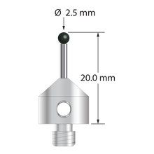 M5 stylus with 2.5 mm diameter silicon nitride ball, 1.5 mm diameter carbide stem, and 11.0 mm diameter x 10.0 mm long stainless steel base. Overall stylus length is 20.0 mm. Stylus weight is 5.75 grams. Compare to Zeiss 626115-0252-020.
