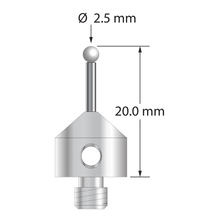 M5 stylus with 2.5 mm diameter zirconia ball, 1.5 mm diameter carbide stem, and 11.0 mm diameter x 10.0 mm long stainless steel base. Overall stylus length is 20.0 mm. Stylus weight is 5.75 grams.