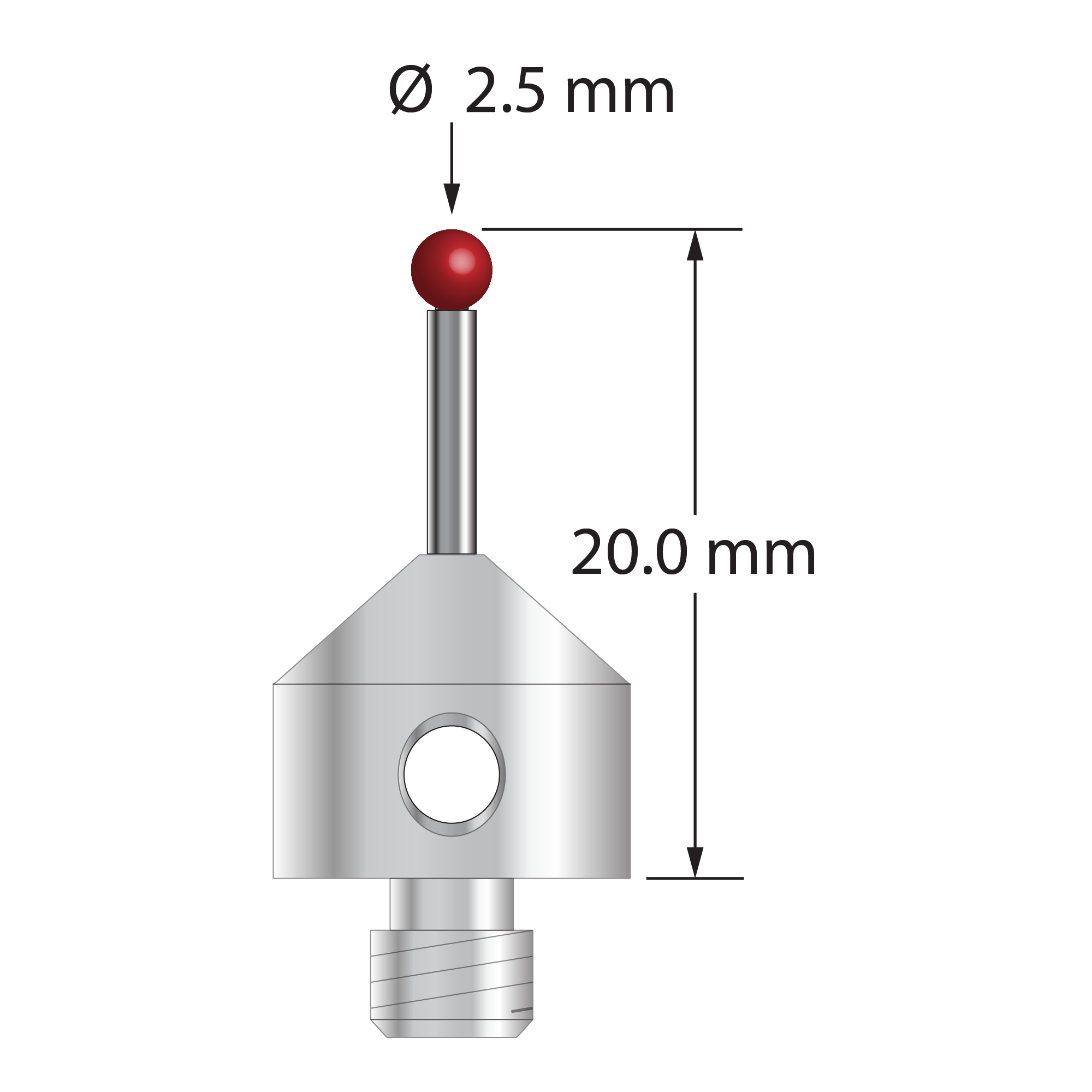 M5 stylus with 2.5 mm diameter ruby ball, 1.5 mm diameter carbide stem, and 11.0 mm diameter x 10.0 mm long stainless steel base. Overall stylus length is 20.0 mm. Stylus weight is 5.75 grams. Compare to Zeiss 626115-0250-020.