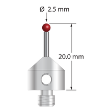M5 stylus with 2.5 mm diameter ruby ball, 1.5 mm diameter carbide stem, and 11.0 mm diameter x 10.0 mm long stainless steel base. Overall stylus length is 20.0 mm. Stylus weight is 5.75 grams. Compare to Zeiss 626115-0250-020.