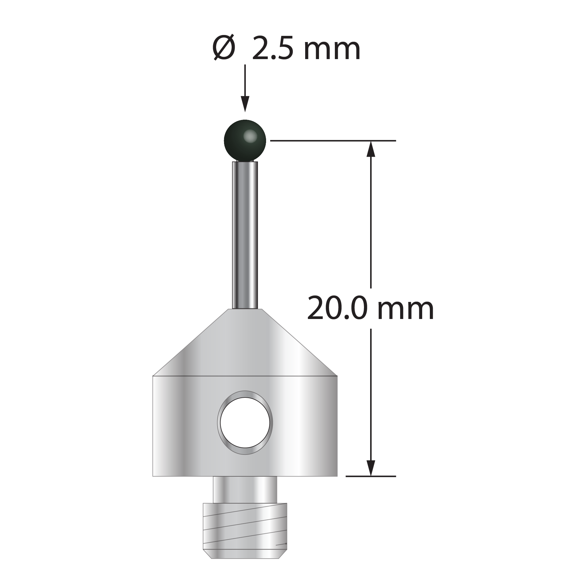 M5 stylus with 2.5 mm diameter silicon nitride ball, 1.5 mm diameter carbide stem, and 11.0 mm diameter x 10.0 mm long stainless steel base. Stylus length to ball center is 20.0 mm. Stylus weight is 5.77 grams.