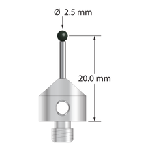 M5 stylus with 2.5 mm diameter silicon nitride ball, 1.5 mm diameter carbide stem, and 11.0 mm diameter x 10.0 mm long stainless steel base. Stylus length to ball center is 20.0 mm. Stylus weight is 5.77 grams.