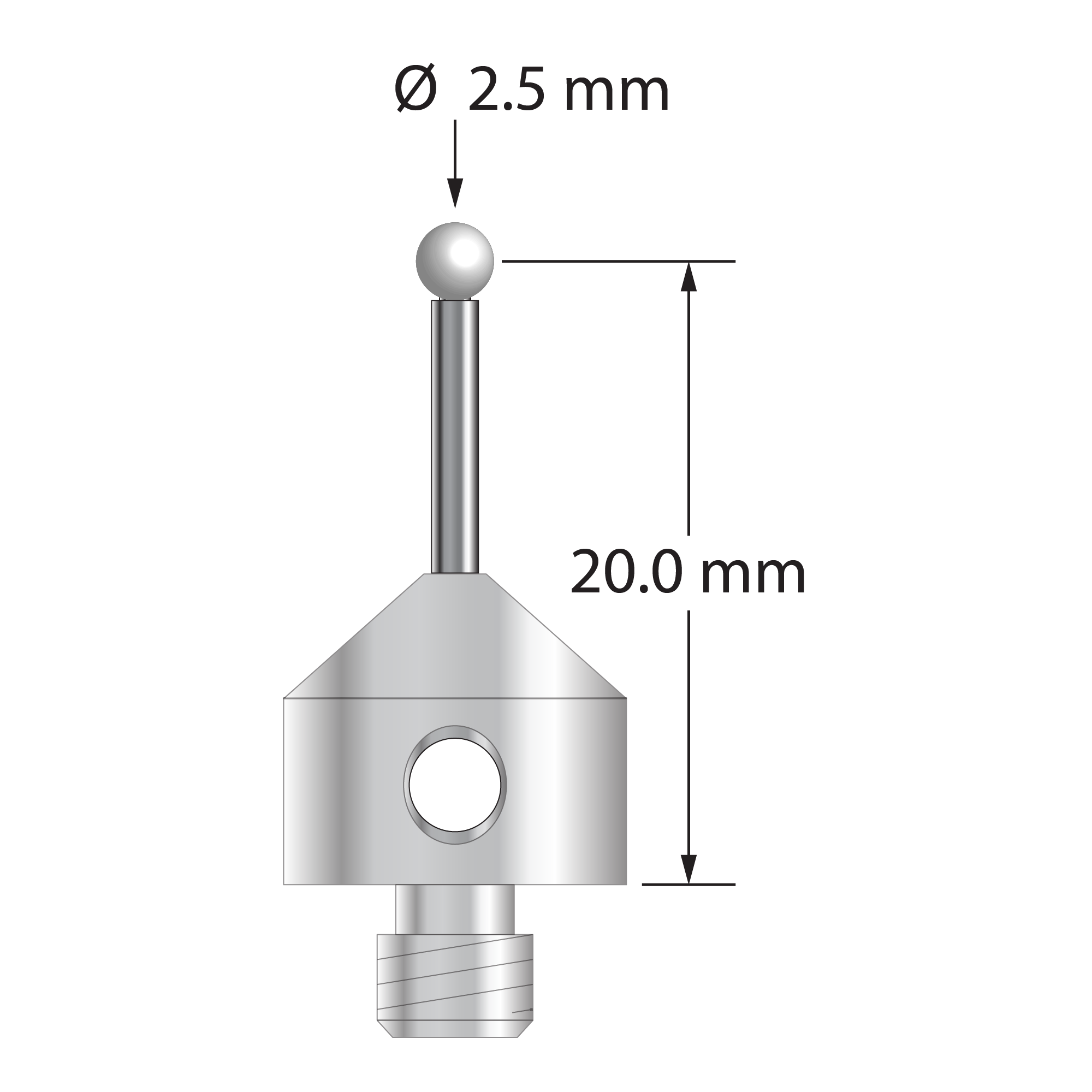 M5 stylus with 2.5 mm diameter zirconia ball, 1.5 mm diameter carbide stem, and 11.0 mm diameter x 10.0 mm long stainless steel base. Stylus length to ball center is 20.0 mm. Stylus weight is 5.77 grams.