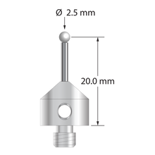 M5 stylus with 2.5 mm diameter zirconia ball, 1.5 mm diameter carbide stem, and 11.0 mm diameter x 10.0 mm long stainless steel base. Stylus length to ball center is 20.0 mm. Stylus weight is 5.77 grams.