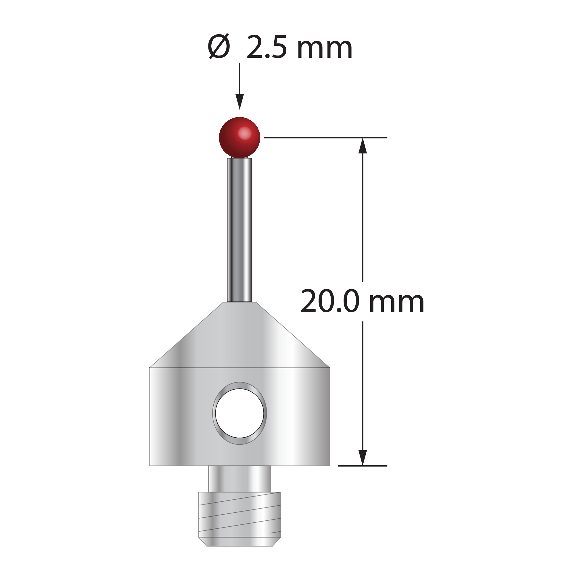 M5 stylus with 2.5 mm diameter ruby ball, 1.5 mm diameter carbide stem, and 11.0 mm diameter x 10.0 mm long stainless steel base. Stylus length to ball center is 20.0 mm. Stylus weight is 5.77 grams. Compare to Renishaw A-5003-5207.