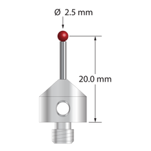 M5 stylus with 2.5 mm diameter ruby ball, 1.5 mm diameter carbide stem, and 11.0 mm diameter x 10.0 mm long stainless steel base. Stylus length to ball center is 20.0 mm. Stylus weight is 5.77 grams. Compare to Renishaw A-5003-5207.