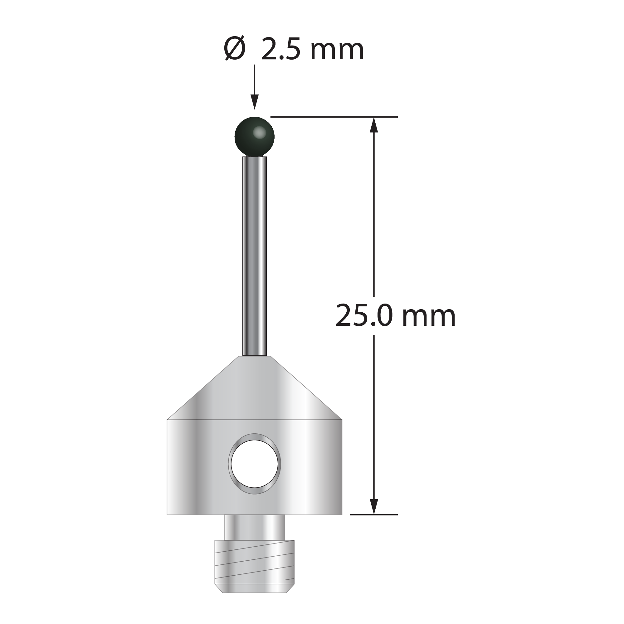 M5 stylus with 2.5 mm diameter silicon nitride ball, 1.5 mm diameter carbide stem, and 11.0 mm diameter x 10.0 mm long stainless steel base. Overall stylus length is 25.0 mm. Stylus weight is 5.87 grams.