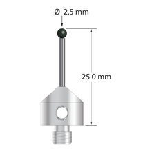 M5 stylus with 2.5 mm diameter silicon nitride ball, 1.5 mm diameter carbide stem, and 11.0 mm diameter x 10.0 mm long stainless steel base. Overall stylus length is 25.0 mm. Stylus weight is 5.87 grams.