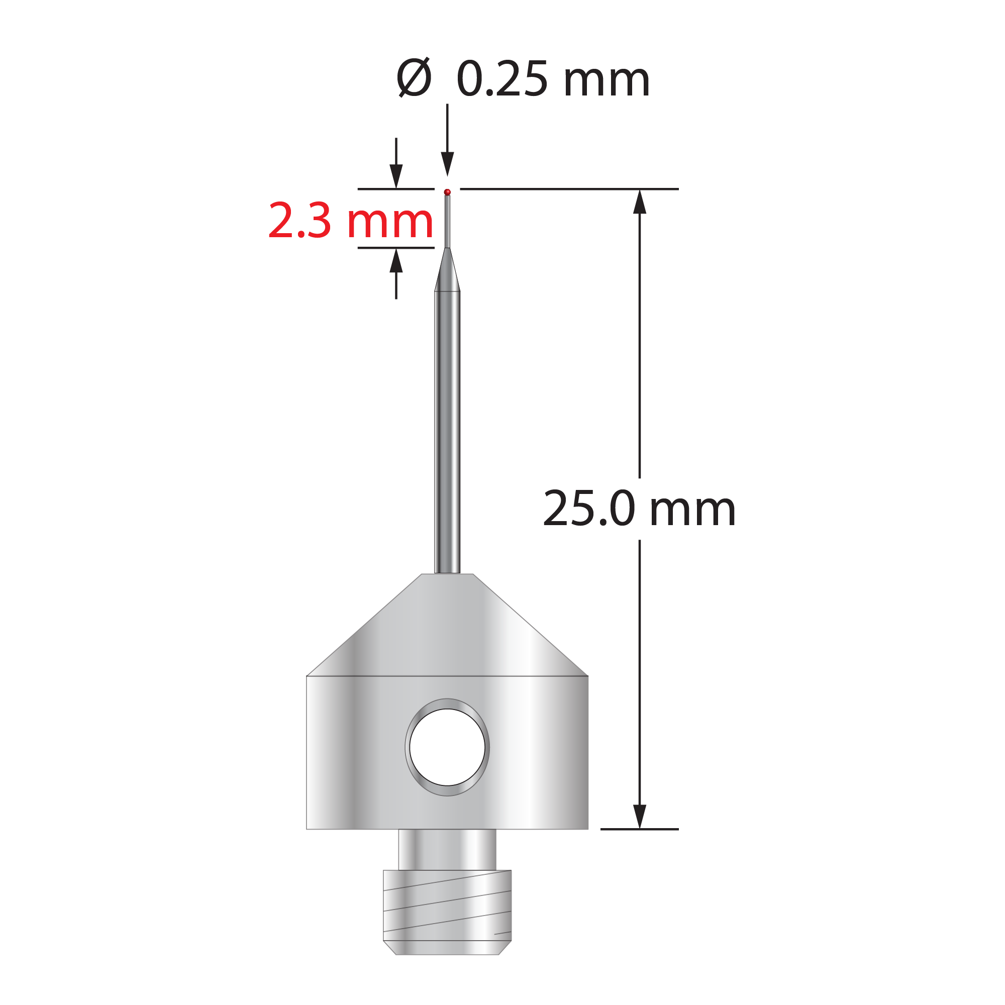 M5 stylus with 0.25 mm ruby ball, tapered carbide stem, and 11.0 mm diameter x 10.0 mm long stainless steel base. Minor stem diameter is 0.2 mm; major diameter is 1.0 mm. Overall stylus length is 25.0 mm. Stylus weight is 5.69 grams.