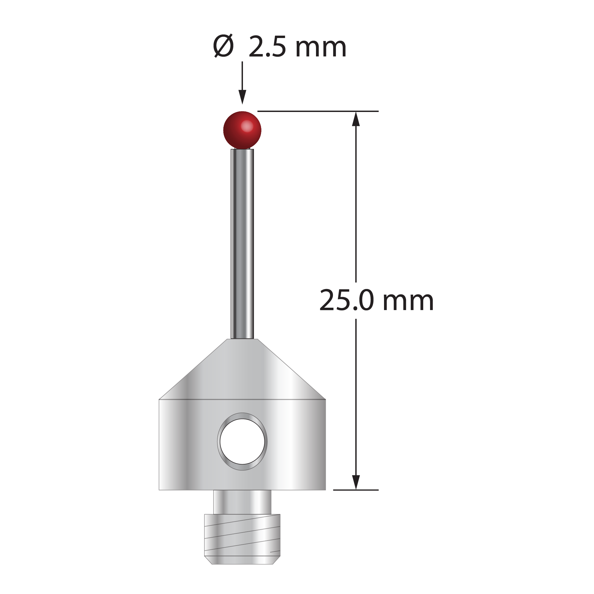 M5 stylus with 2.5 mm diameter ruby ball, 1.5 mm diameter carbide stem, and 11.0 mm diameter x 10.0 mm long stainless steel base. Overall stylus length is 25.0 mm. Stylus weight is 5.87 grams.