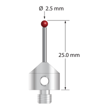 M5 stylus with 2.5 mm diameter ruby ball, 1.5 mm diameter carbide stem, and 11.0 mm diameter x 10.0 mm long stainless steel base. Overall stylus length is 25.0 mm. Stylus weight is 5.87 grams.
