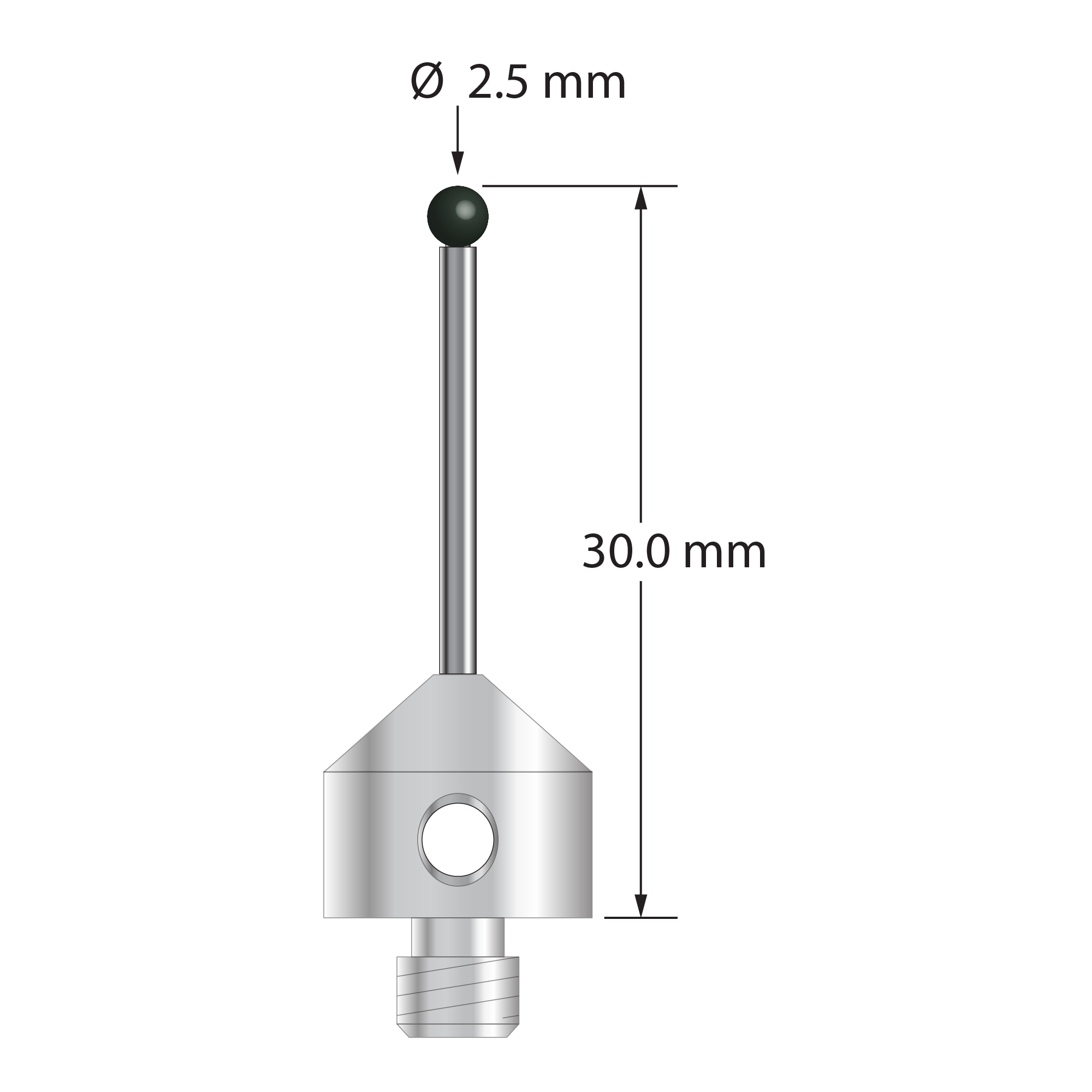 M5 stylus with 2.5 mm diameter silicon nitride ball, 1.5 mm diameter carbide stem, and 11.0 mm diameter x 10.0 mm long stainless steel base. Overall stylus length is 30.0 mm. Stylus weight is 5.99 grams.