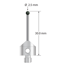 M5 stylus with 2.5 mm diameter silicon nitride ball, 1.5 mm diameter carbide stem, and 11.0 mm diameter x 10.0 mm long stainless steel base. Overall stylus length is 30.0 mm. Stylus weight is 5.99 grams.