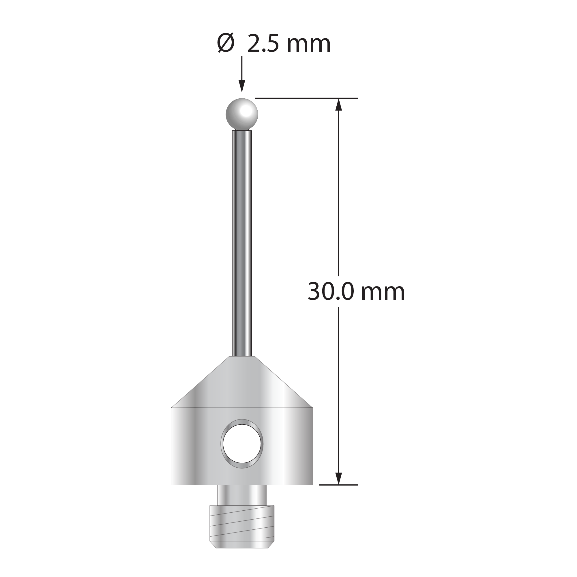 M5 stylus with 2.5 mm diameter zirconia ball, 1.5 mm diameter carbide stem, and 11.0 mm diameter x 10.0 mm long stainless steel base. Overall stylus length is 30.0 mm. Stylus weight is 5.99 grams.