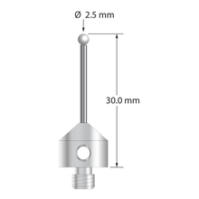 M5 stylus with 2.5 mm diameter zirconia ball, 1.5 mm diameter carbide stem, and 11.0 mm diameter x 10.0 mm long stainless steel base. Overall stylus length is 30.0 mm. Stylus weight is 5.99 grams.
