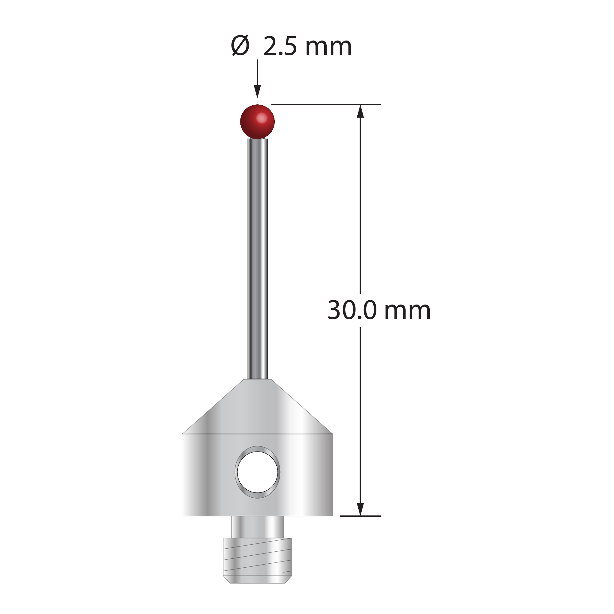 M5 stylus with 2.5 mm diameter ruby ball, 1.5 mm diameter carbide stem, and 11.0 mm diameter x 10.0 mm long stainless steel base. Overall stylus length is 30.0 mm. Stylus weight is 5.99 grams.