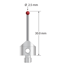M5 stylus with 2.5 mm diameter ruby ball, 1.5 mm diameter carbide stem, and 11.0 mm diameter x 10.0 mm long stainless steel base. Overall stylus length is 30.0 mm. Stylus weight is 5.99 grams.