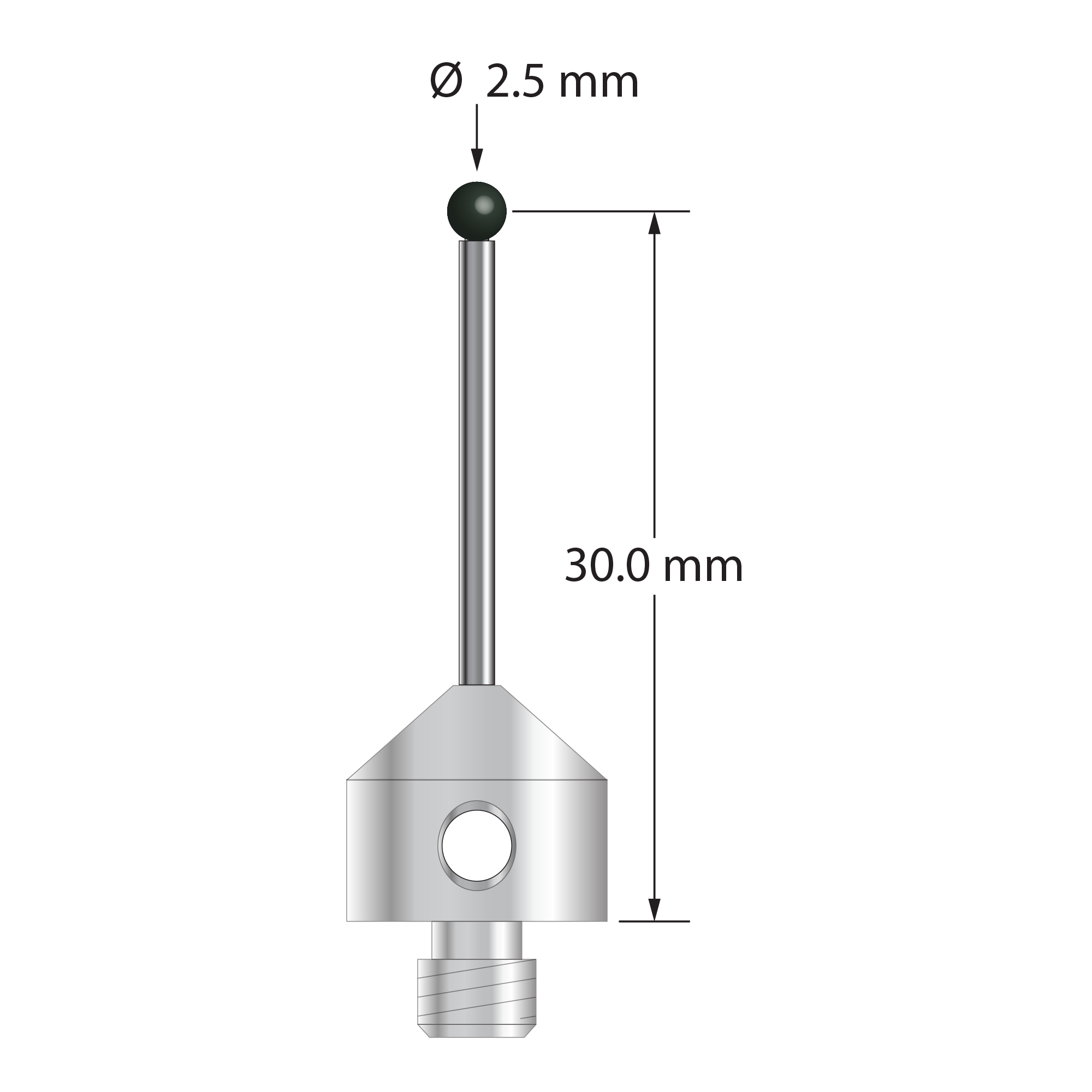 M5 stylus with 2.5 mm diameter silicon nitride ball, 1.5 mm diameter carbide stem, and 11.0 mm diameter x 10.0 mm long stainless steel base. Stylus length to ball center is 30.0 mm. Stylus weight is 6.02 grams.