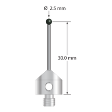M5 stylus with 2.5 mm diameter silicon nitride ball, 1.5 mm diameter carbide stem, and 11.0 mm diameter x 10.0 mm long stainless steel base. Stylus length to ball center is 30.0 mm. Stylus weight is 6.02 grams.
