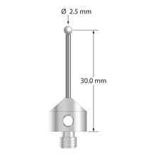 M5 stylus with 2.5 mm diameter zirconia ball, 1.5 mm diameter carbide stem, and 11.0 mm diameter x 10.0 mm long stainless steel base. Stylus length to ball center is 30.0 mm. Stylus weight is 6.02 grams.